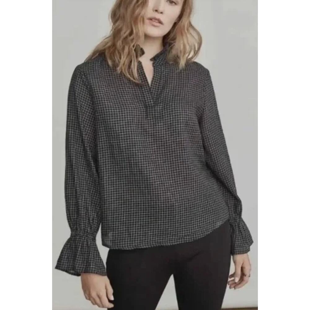 Elizabeth and James Grid Pattern Blouse Black White Medium Long Sleeve Office